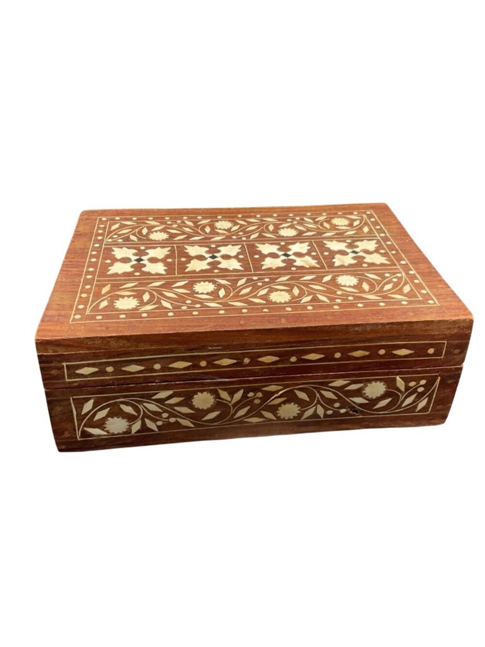 Handcrafted Wooden Jewelry Trinket Box Floral Inlay Lined Hinged Lid 7 x 5 x 2.5